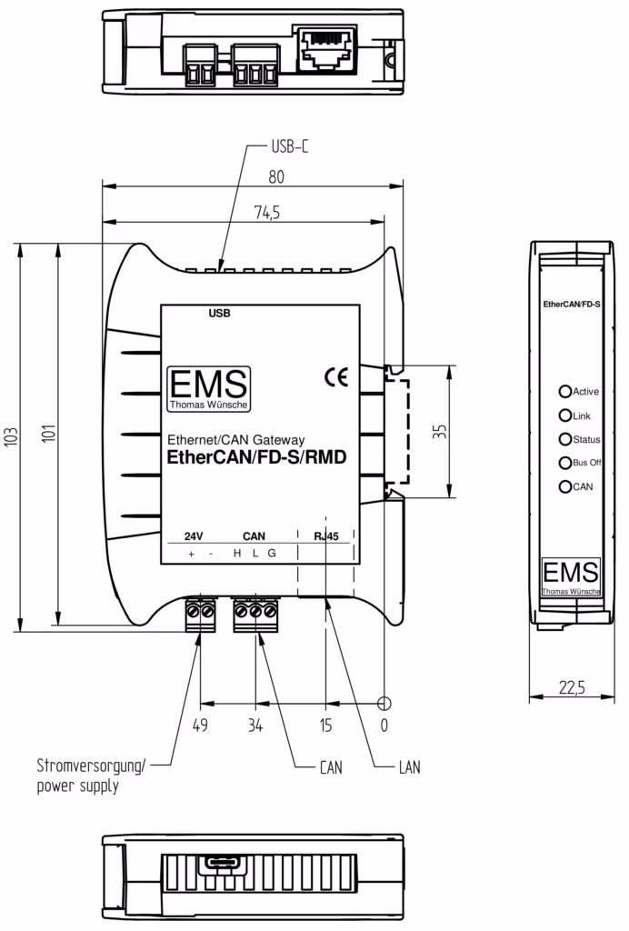 Image: EthernetCAN Gateway EtherCAN/FD-S_dimensions